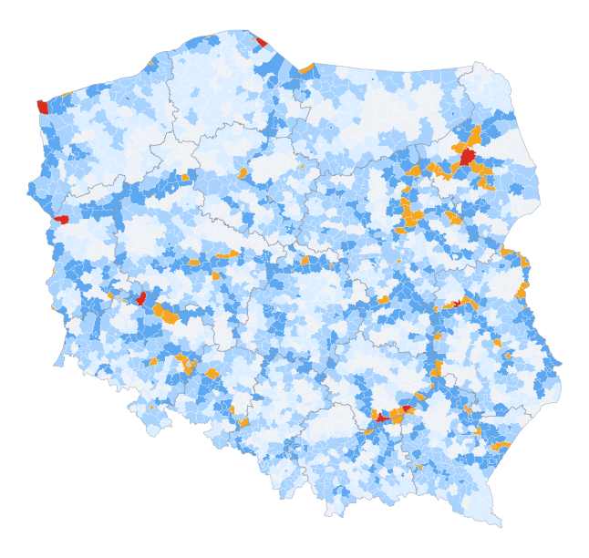Mapa Polski: udział powierzchni gmin objętej scenariuszem Q100 — obszarem o prawdopodobieństwie powodzi 1% w każdym roku